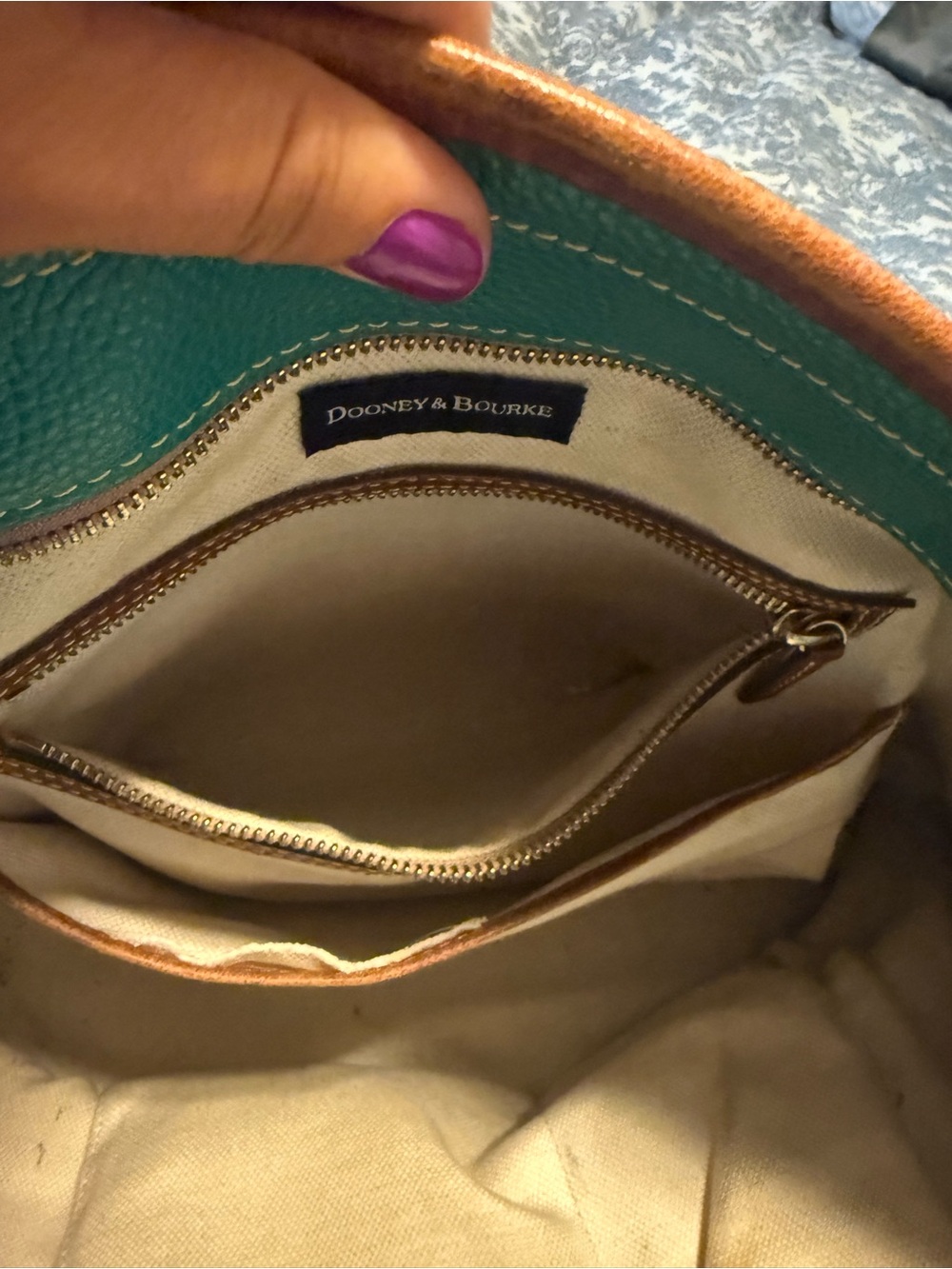 Dooney  and Bourke teal Leather Tote Bag with Brown Trim - Picture 8 of 11